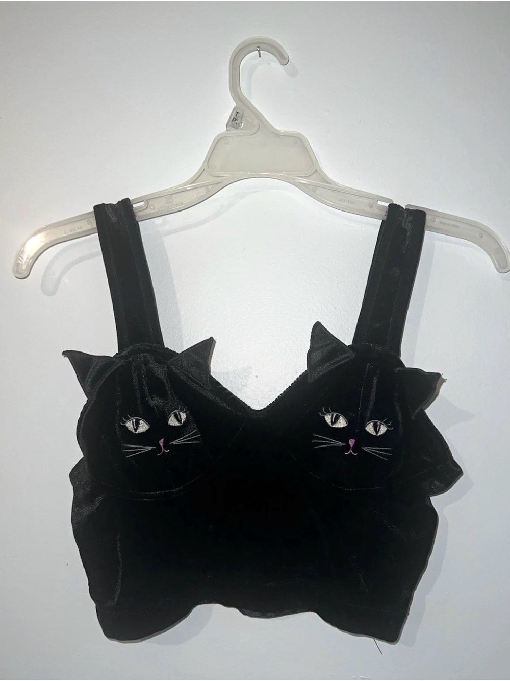 Women’s Velvet Black Cat Embroidered Crop Top Wireless Bralette Halloween